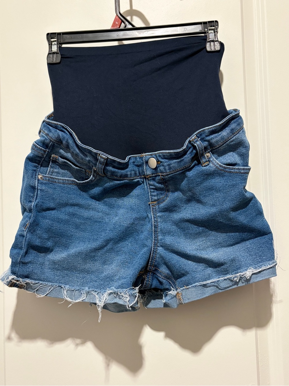 Time and Tru Blue Denim High Waist Maternity Shorts with Navy Panel